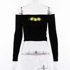 Off Shoulder Cropped Top chrysanthemum Long Sleeve T Shirt Mssza
