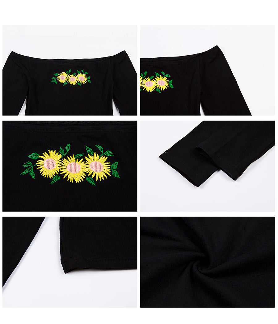 Off Shoulder Cropped Top chrysanthemum Long Sleeve T Shirt Mssza