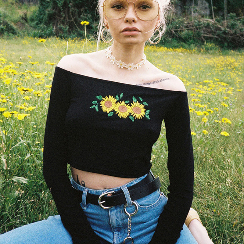 Off Shoulder Cropped Top chrysanthemum Long Sleeve T Shirt Mssza