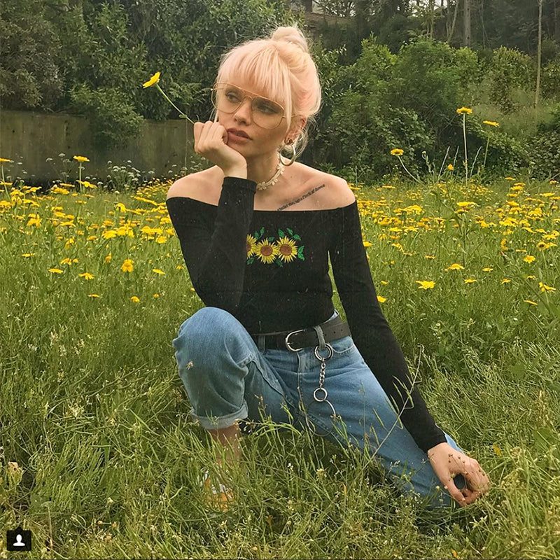 Off Shoulder Cropped Top chrysanthemum Long Sleeve T Shirt Mssza