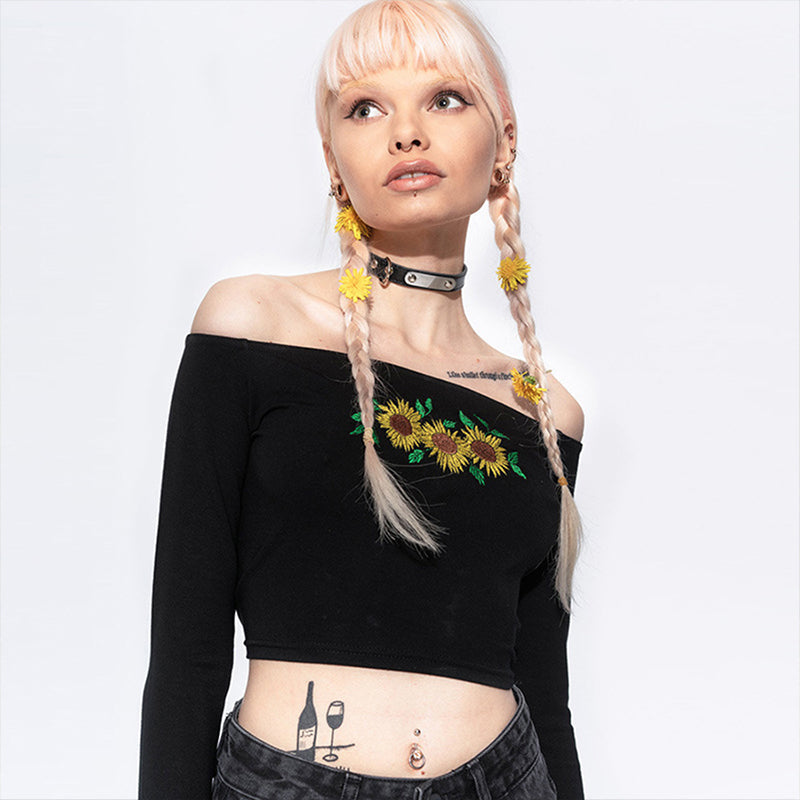 Off Shoulder Cropped Top chrysanthemum Long Sleeve T Shirt Mssza