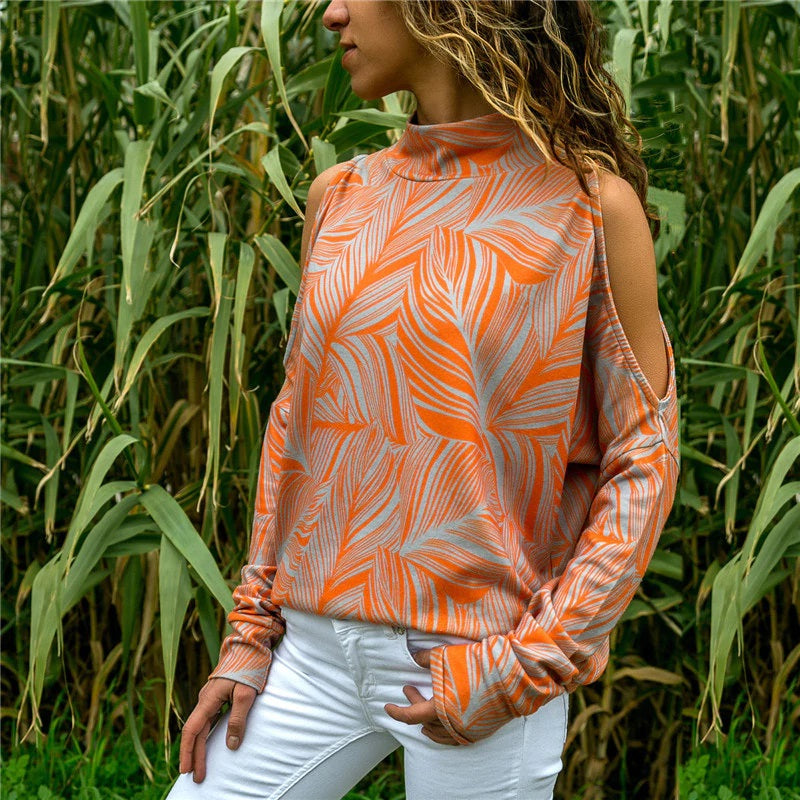 Off Shoulder Long Sleeve Printed Casual Blouse Mssza
