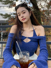 Off-Shoulder Solid Color Long Sleeve Crop Top Mssza