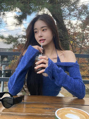 Off-Shoulder Solid Color Long Sleeve Crop Top Mssza