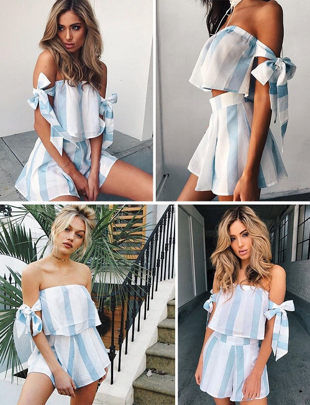 Off Shoulder Striped Bow Sleeve Tops Mssza