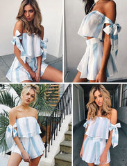 Off Shoulder Striped Bow Sleeve Tops Mssza