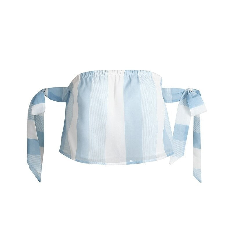 Off Shoulder Striped Bow Sleeve Tops Mssza