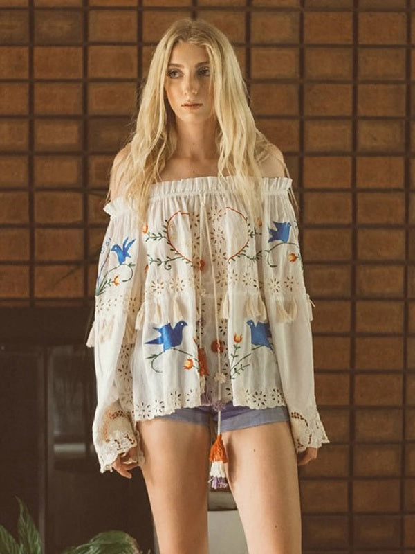 Off-shoulder Embroidery Loose Casual Blouse Mssza