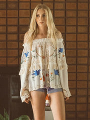 Off-shoulder Embroidery Loose Casual Blouse Mssza
