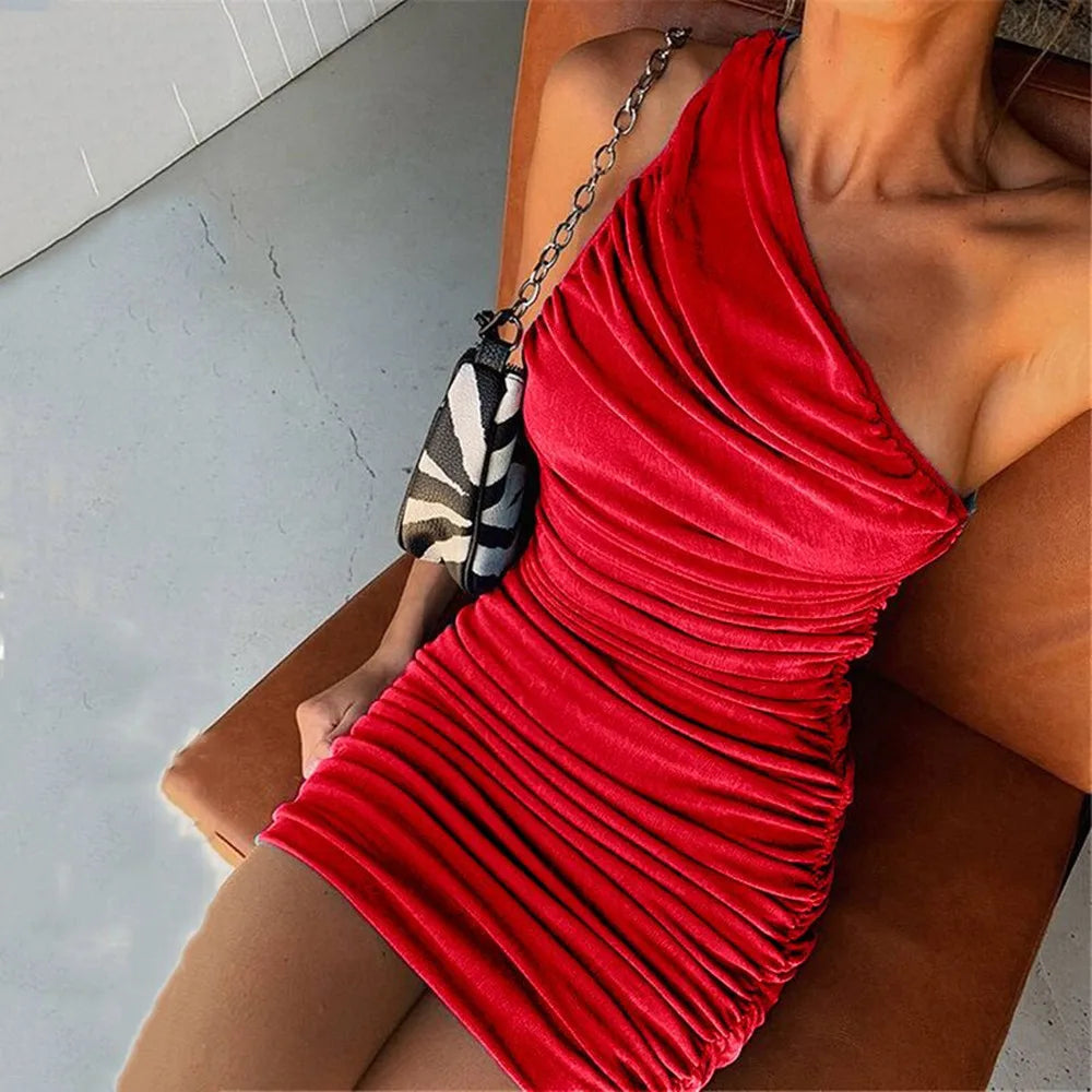 One Shoulder   Elegant Sleeveless Short Ruched Bodycon Mini Dress Mssaz Desses