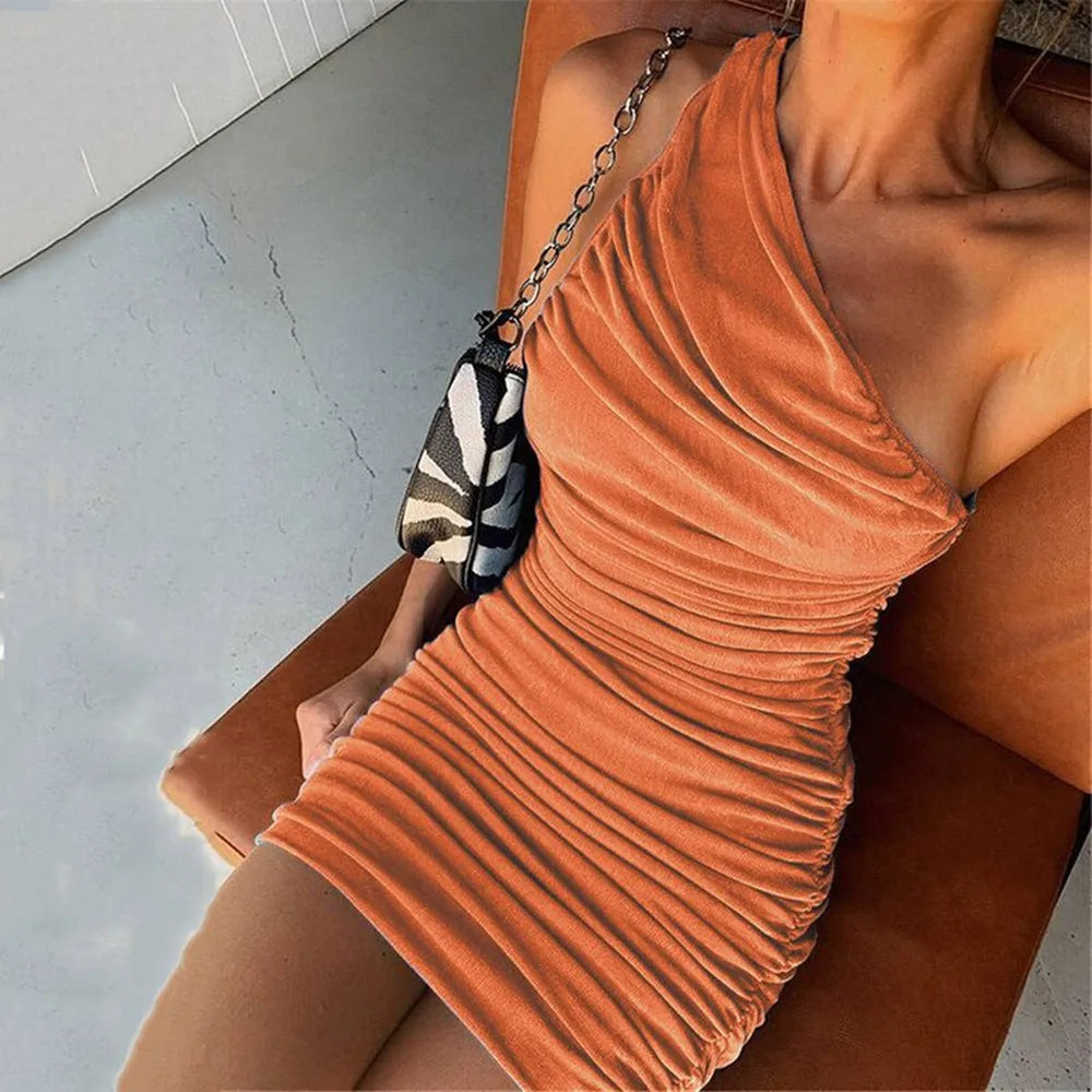 One Shoulder   Elegant Sleeveless Short Ruched Bodycon Mini Dress Mssaz Desses
