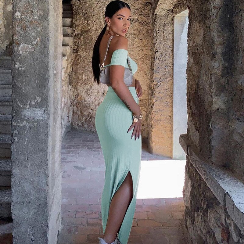 Outfits Slash Neck Crop Tops Side Slit Solid Long Dress Mssza