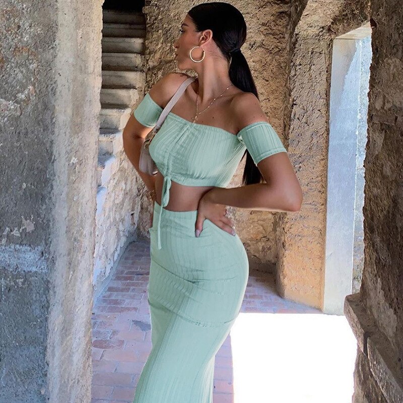 Outfits Slash Neck Crop Tops Side Slit Solid Long Dress Mssza