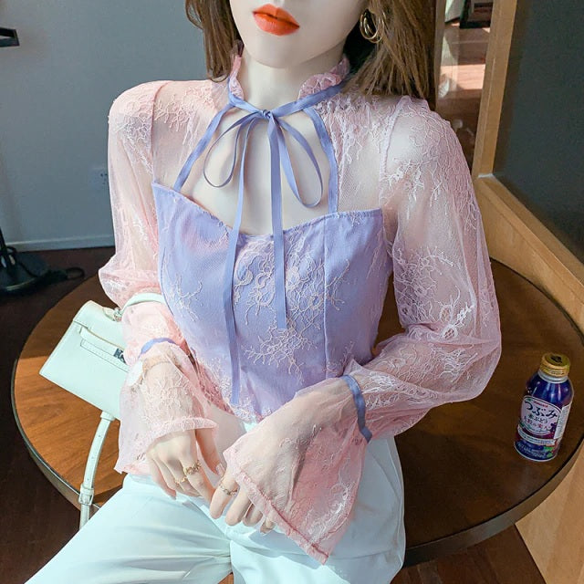Perspective Mesh Stand Lace-Up Shirts Mssza