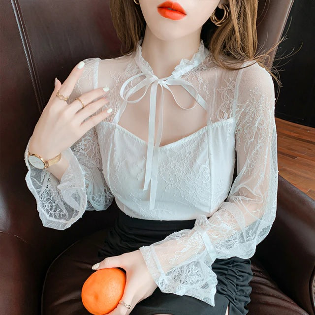 Perspective Mesh Stand Lace-Up Shirts Mssza
