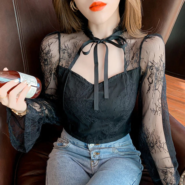 Perspective Mesh Stand Lace-Up Shirts Mssza