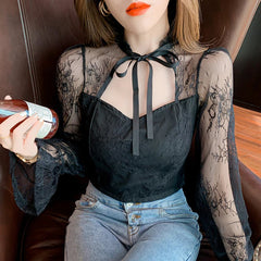 Perspective Mesh Stand Lace-Up Shirts Mssza
