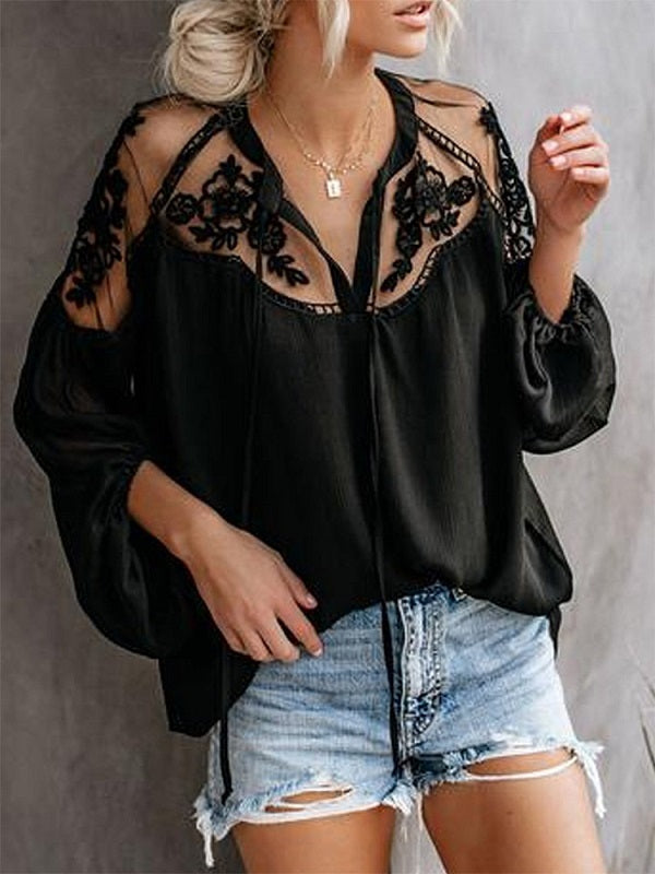 Perspective V-neck Long Sleeve Blouse Mssza
