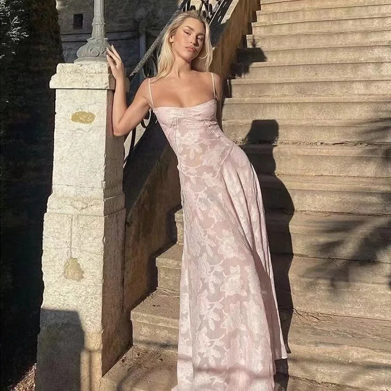 Print Wrap Waist Sling Slash Neck Slim Sleeveless Backless Party Dresses Maxi Dress Mssaz Desses