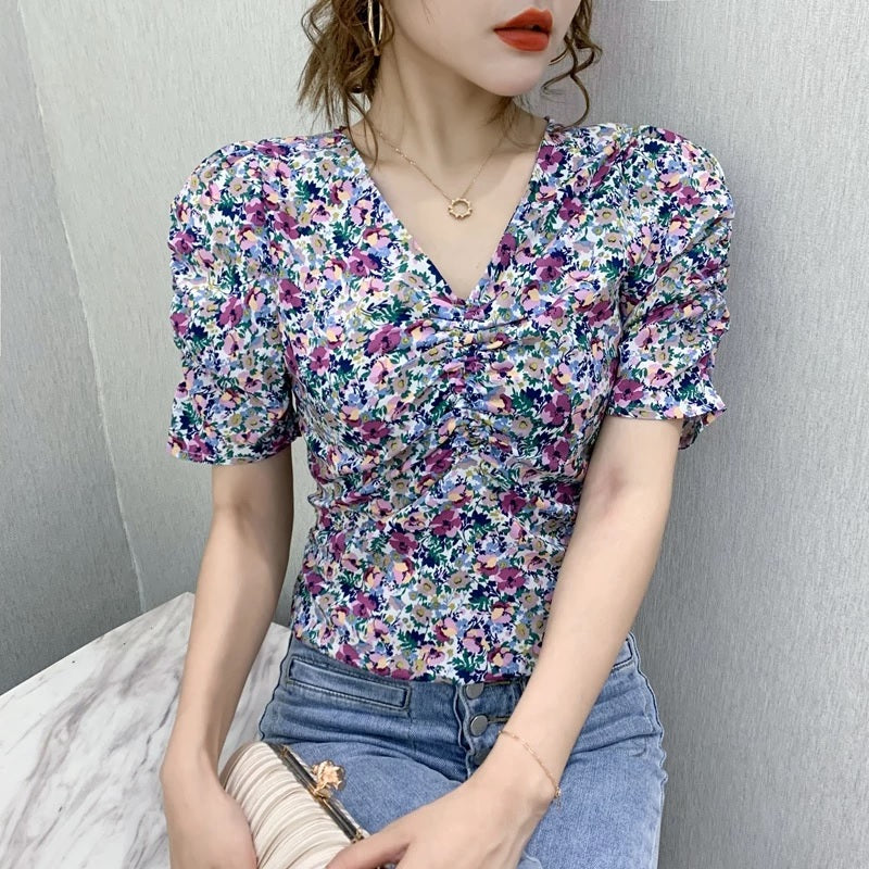 Puff Sleeve V Neck Chiffon Blouse Mssza