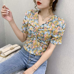 Puff Sleeve V Neck Chiffon Blouse Mssza