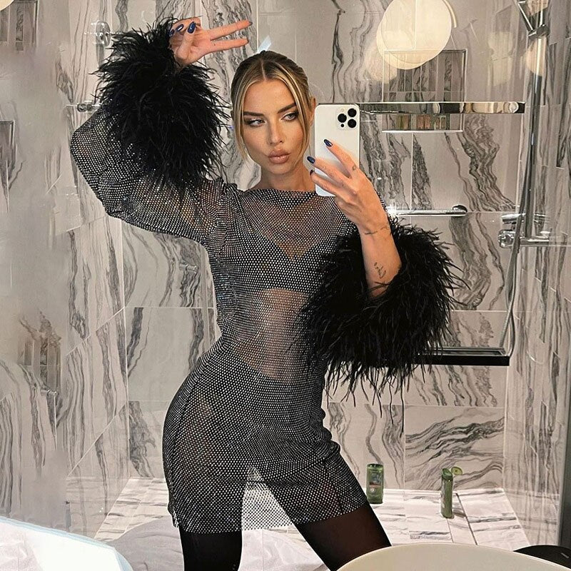 See Through Long Sleeve Shinny Sequins Club Party Outfit Mssaz Desses