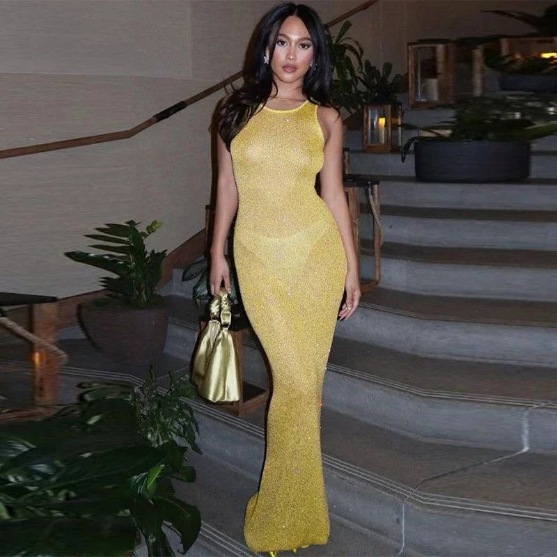 See Through Solid Sequin U-neck Sleeveless Maxi Dresses  Spring  Ladies Slim Maxi Dress Mssaz Desses