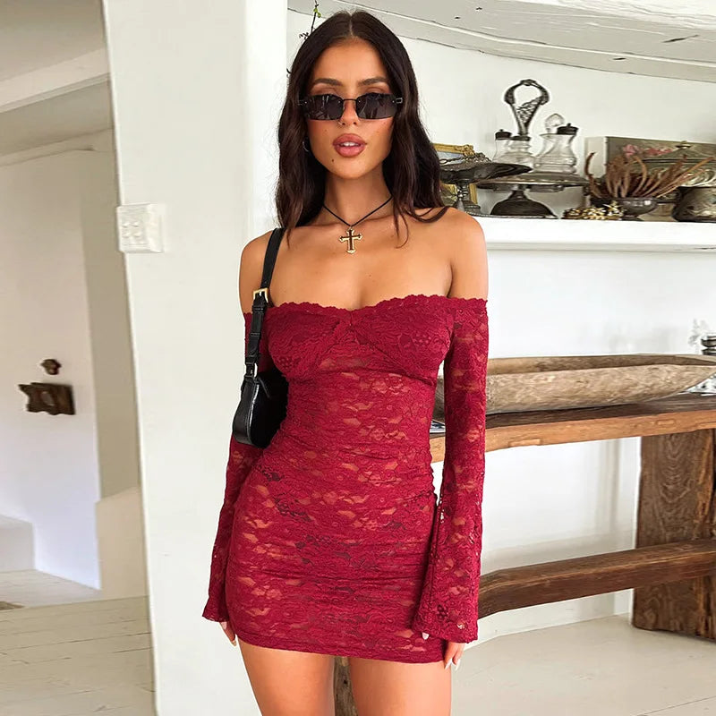Sheer Lace Elegant Off Shoulder Long Sleeve Slim Party Mini Dress Mssaz Desses