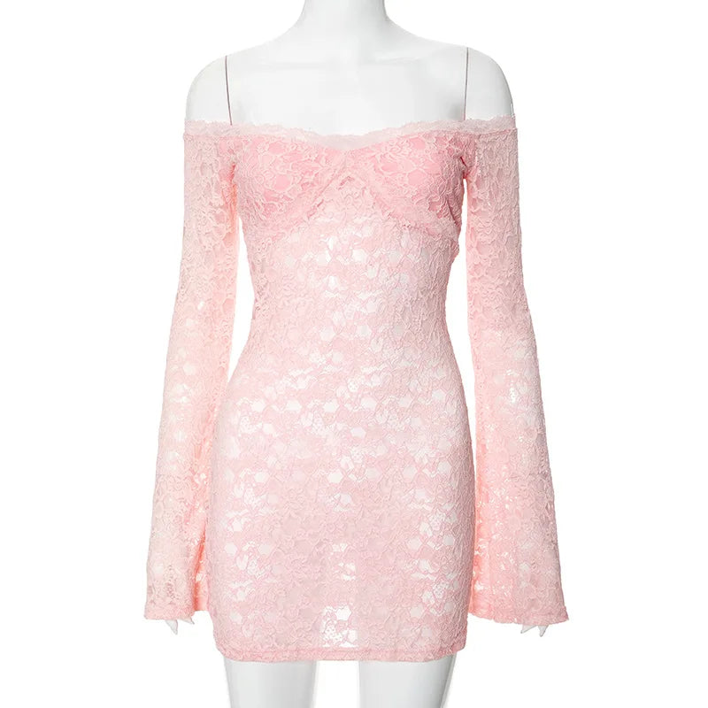 Sheer Lace Elegant Off Shoulder Long Sleeve Slim Party Mini Dress Mssaz Desses