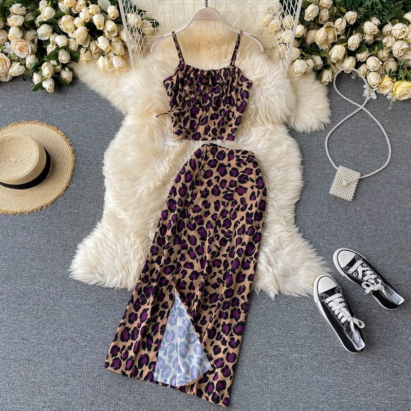 Sleeveless Strap Short Tops+High Waist Split Long Skirt Two Pieces Set Mssza