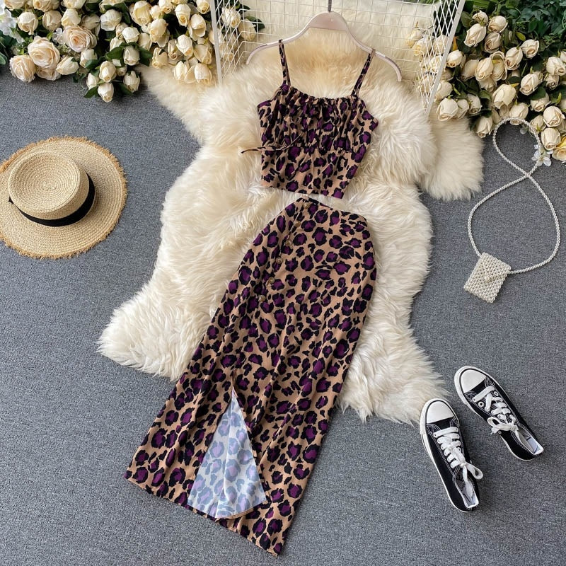 Sleeveless Strap Short Tops+High Waist Split Long Skirt Two Pieces Set Mssza