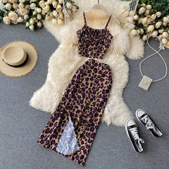 Sleeveless Strap Short Tops+High Waist Split Long Skirt Two Pieces Set Mssza