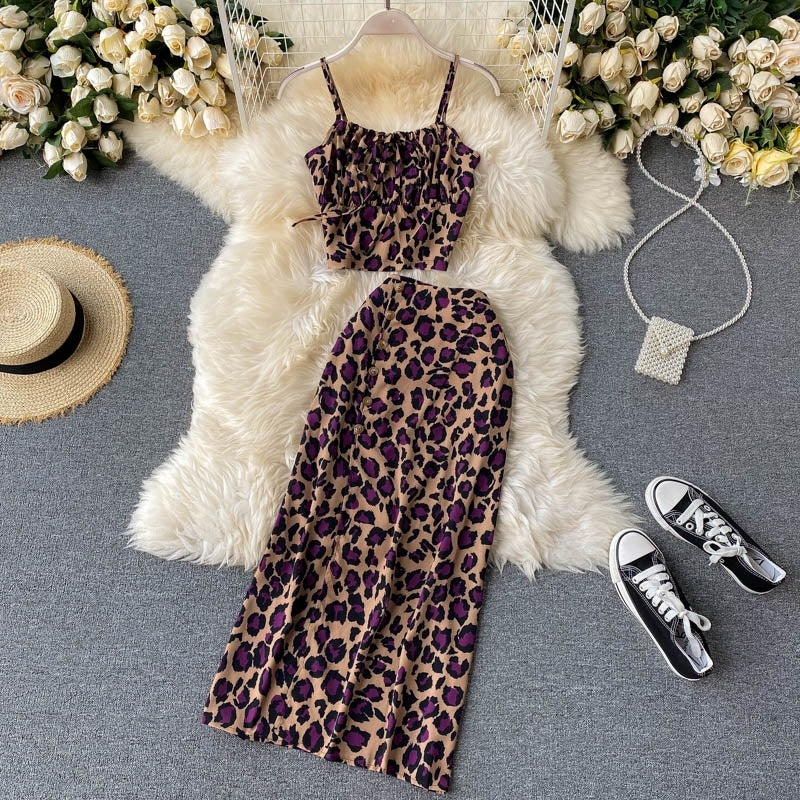 Sleeveless Strap Short Tops+High Waist Split Long Skirt Two Pieces Set Mssza