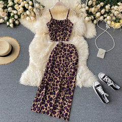 Sleeveless Strap Short Tops+High Waist Split Long Skirt Two Pieces Set Mssza