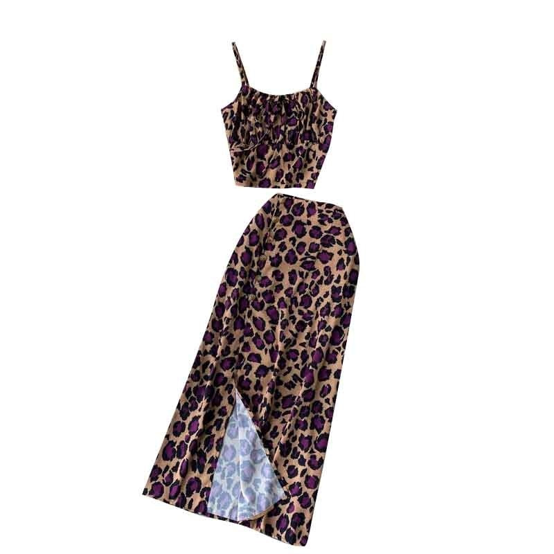 Sleeveless Strap Short Tops+High Waist Split Long Skirt Two Pieces Set Mssza
