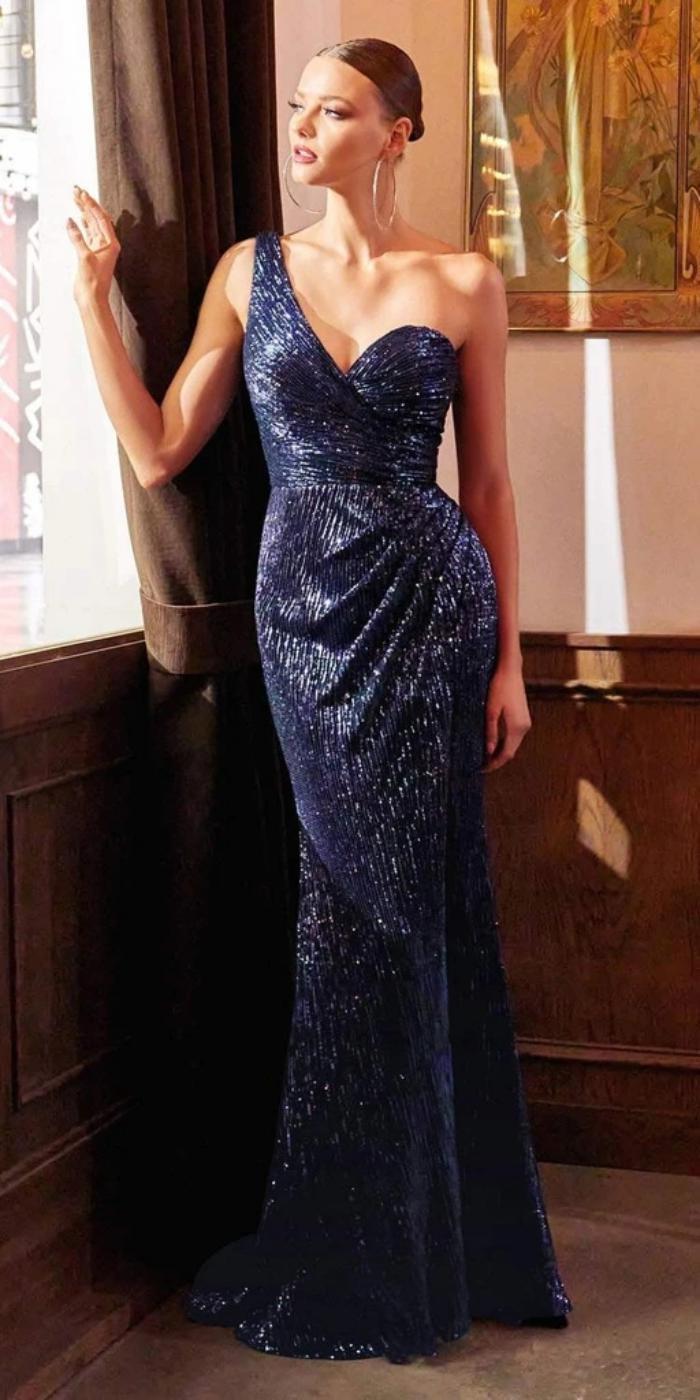 Slim One Shoulder Tube Top Sequins Shinning Long Dress Mssaz Desses