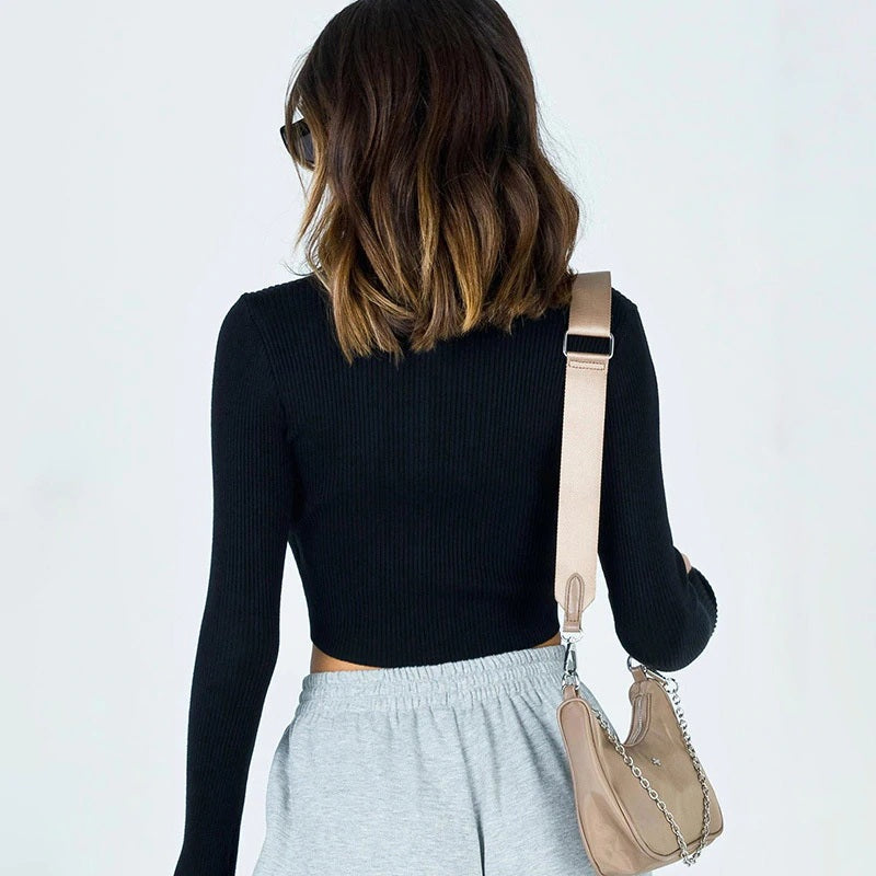 Solid Color V Neck Long Sleeve Zipper Crop Top Mssza