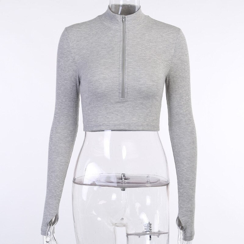 Solid Color V Neck Long Sleeve Zipper Crop Top Mssza