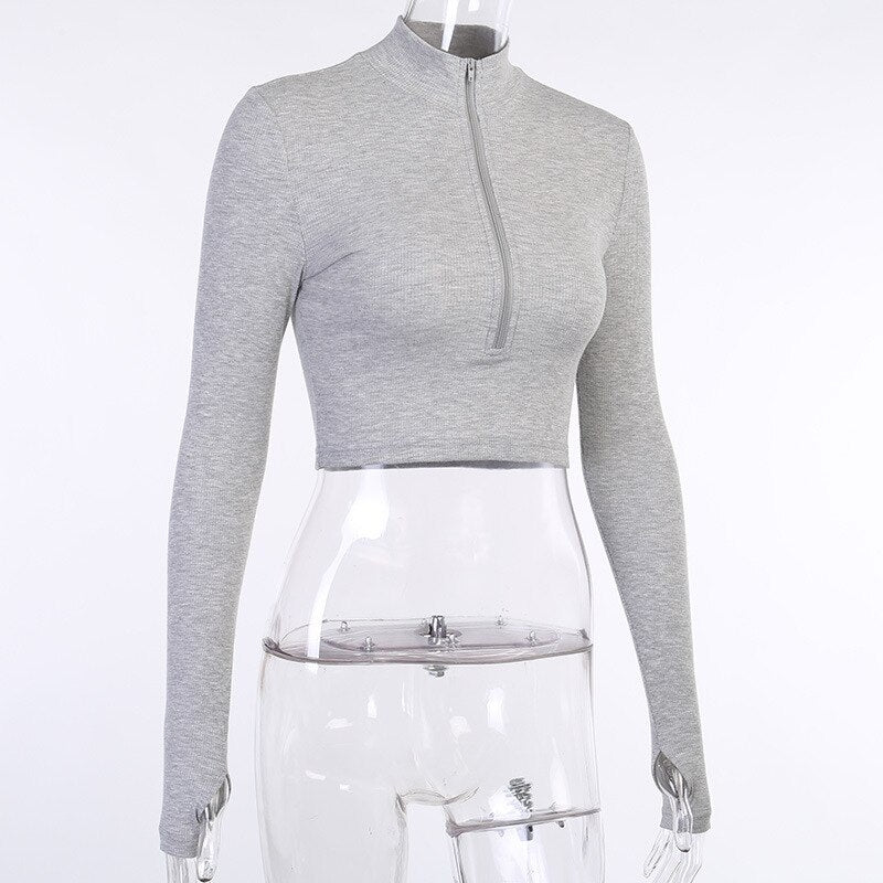 Solid Color V Neck Long Sleeve Zipper Crop Top Mssza
