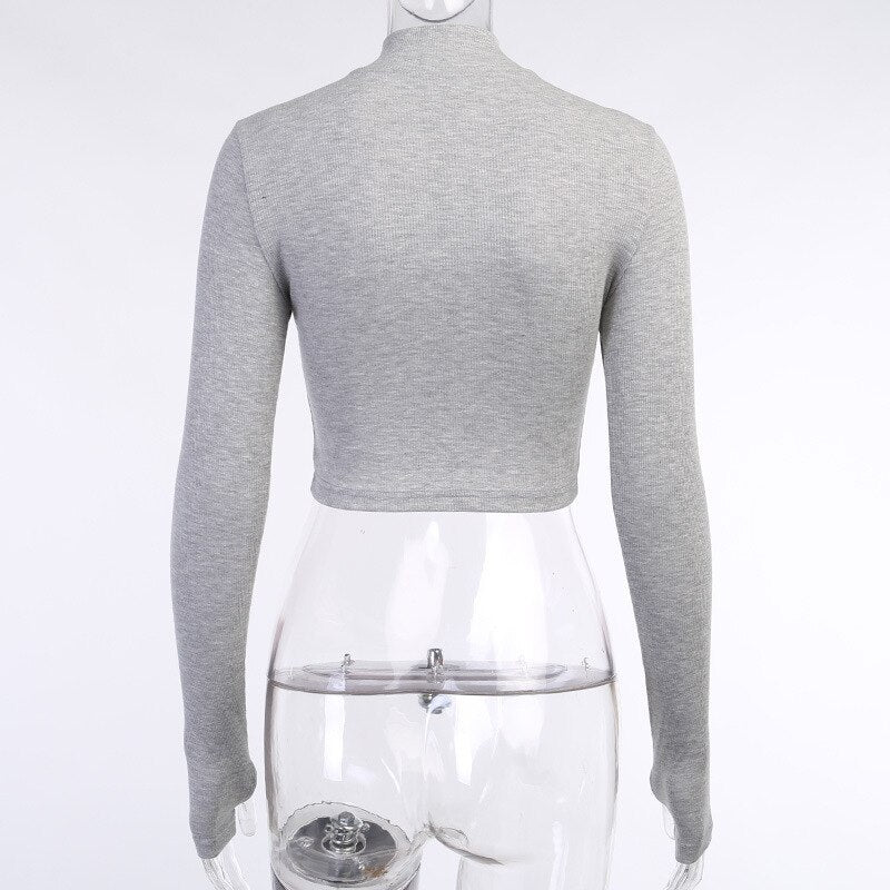 Solid Color V Neck Long Sleeve Zipper Crop Top Mssza