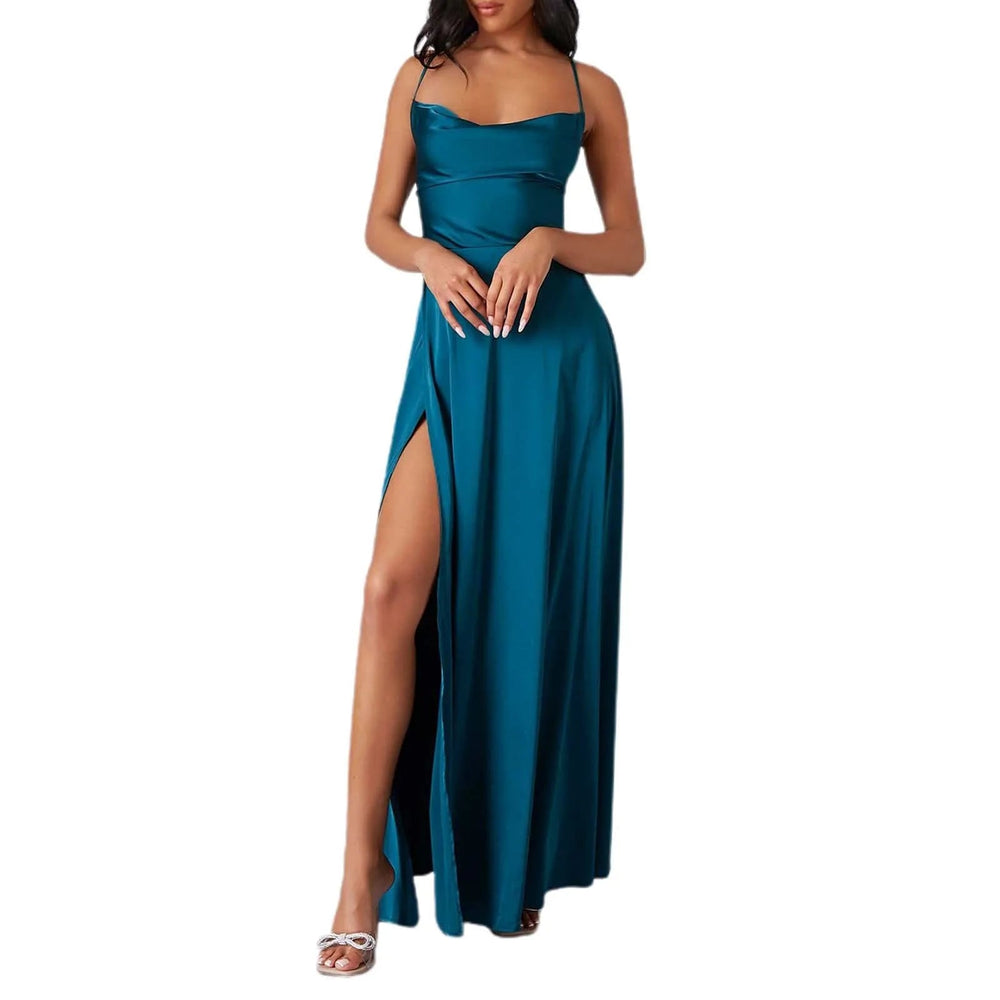 Spaghetti Straps Satin Maxi High Side Slit  Backless Prom Dress Mssaz Desses