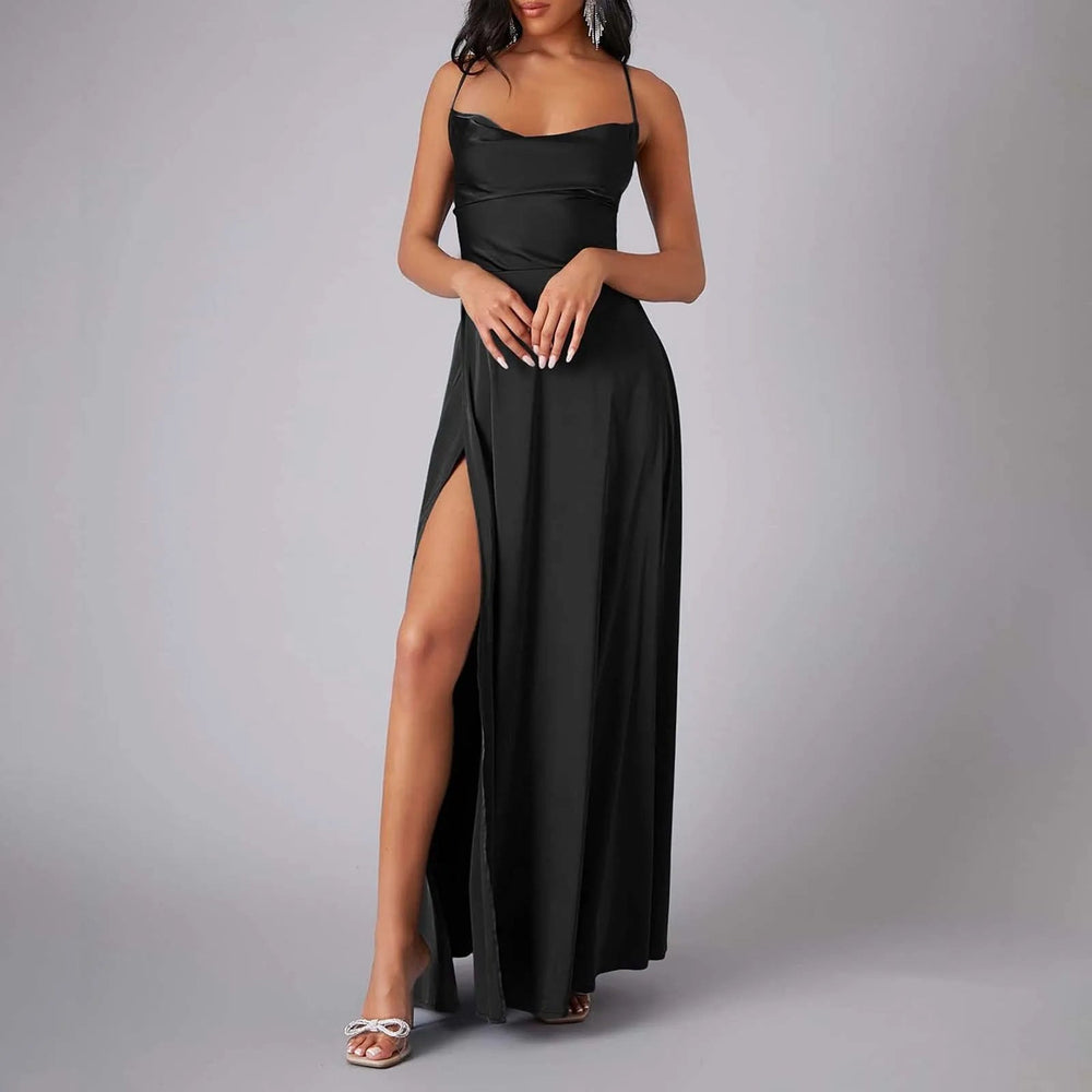 Spaghetti Straps Satin Maxi High Side Slit  Backless Prom Dress Mssaz Desses