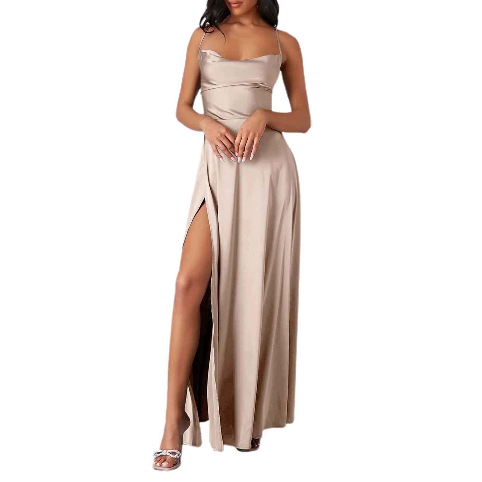 Spaghetti Straps Satin Maxi High Side Slit  Backless Prom Dress Mssaz Desses