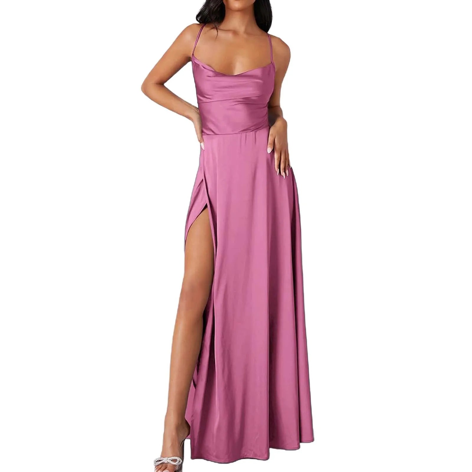 Spaghetti Straps Satin Maxi High Side Slit  Backless Prom Dress Mssaz Desses