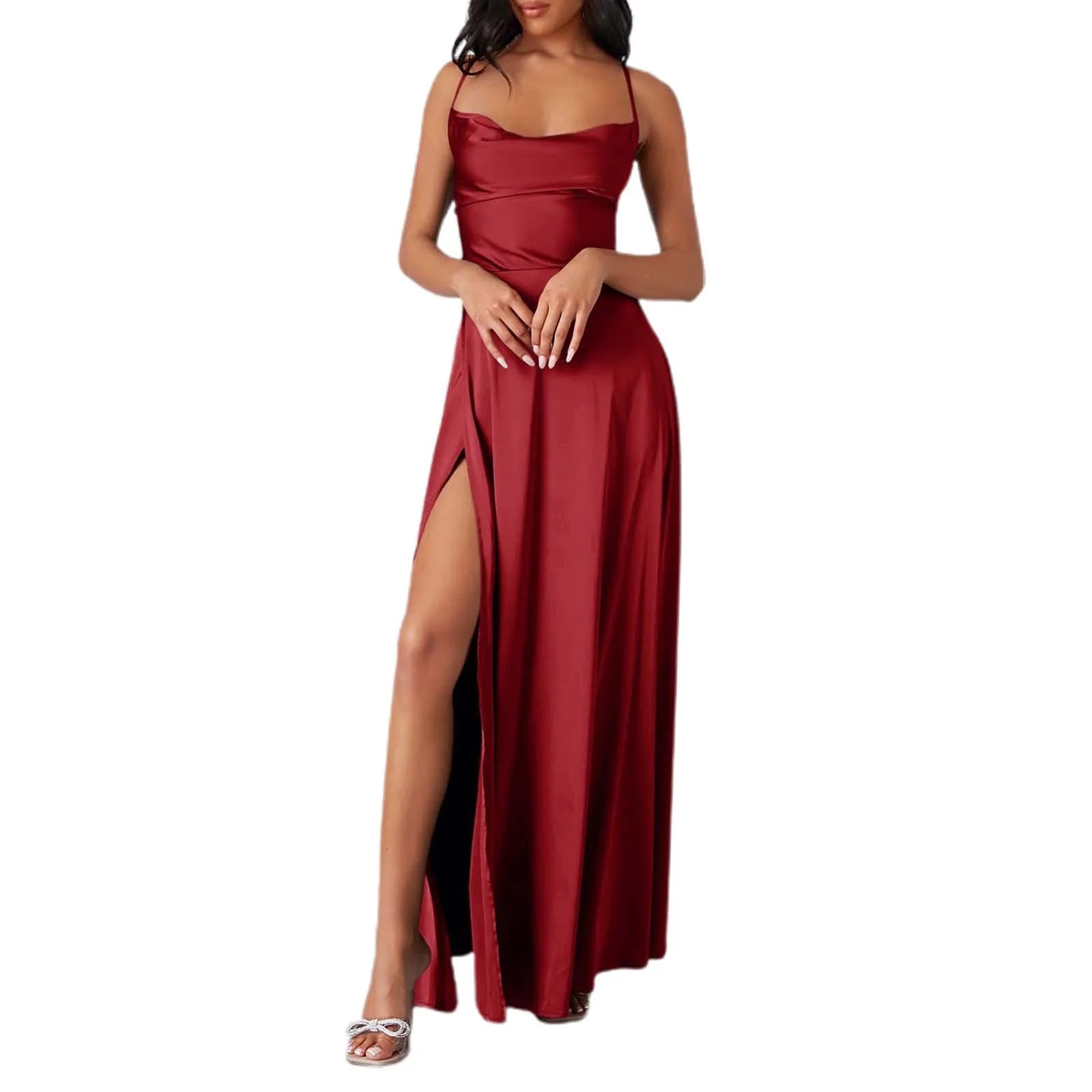 Spaghetti Straps Satin Maxi High Side Slit  Backless Prom Dress Mssaz Desses