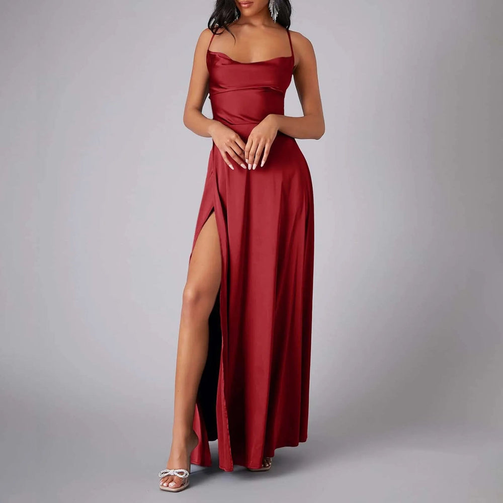 Spaghetti Straps Satin Maxi High Side Slit  Backless Prom Dress Mssaz Desses