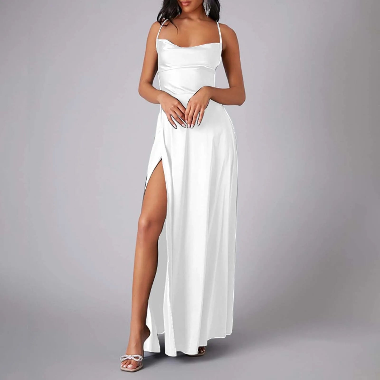 Spaghetti Straps Satin Maxi High Side Slit  Backless Prom Dress Mssaz Desses
