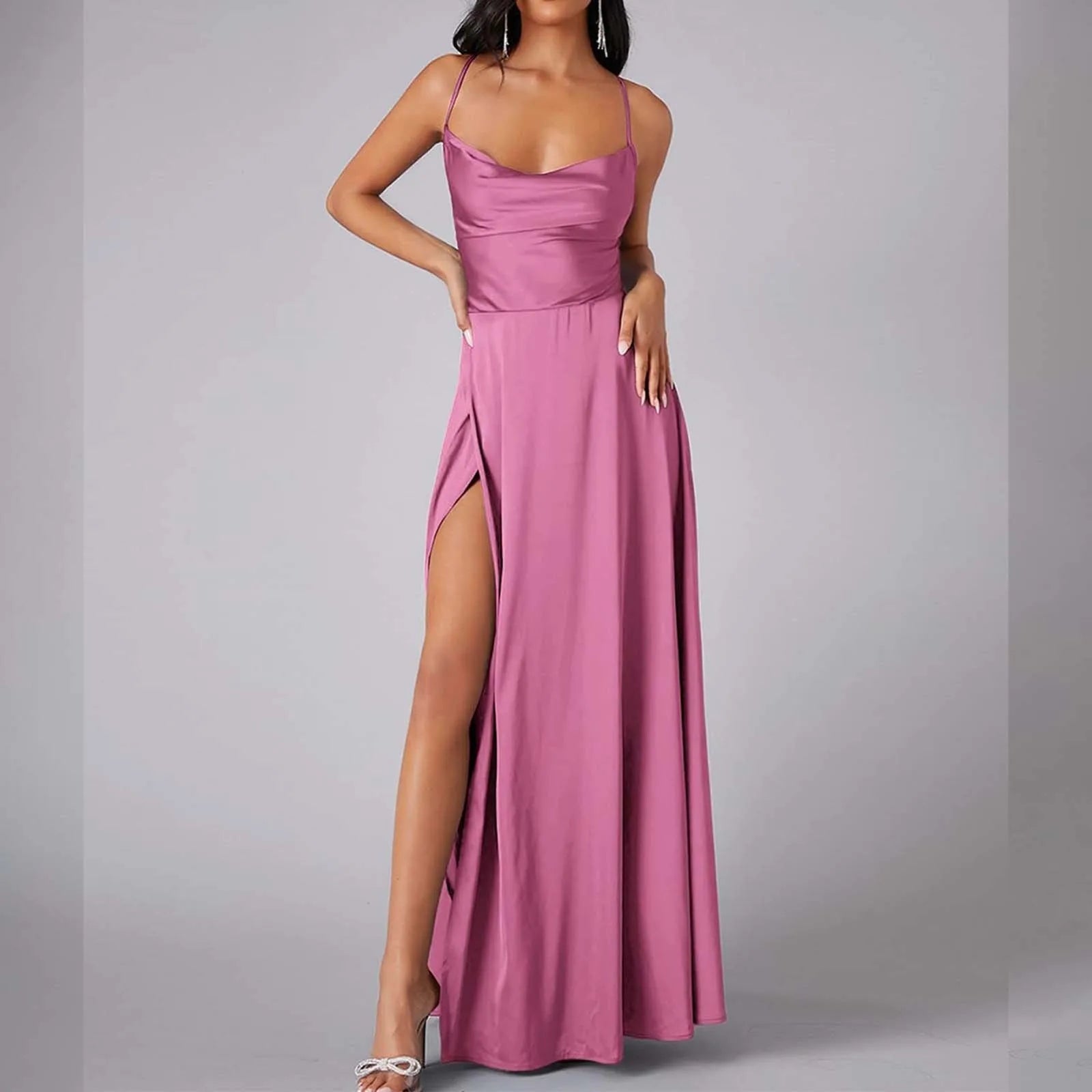 Spaghetti Straps Satin Maxi High Side Slit  Backless Prom Dress Mssaz Desses