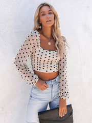 Square Neck Long Sleeves Pleated Polka Dot Top Mssza