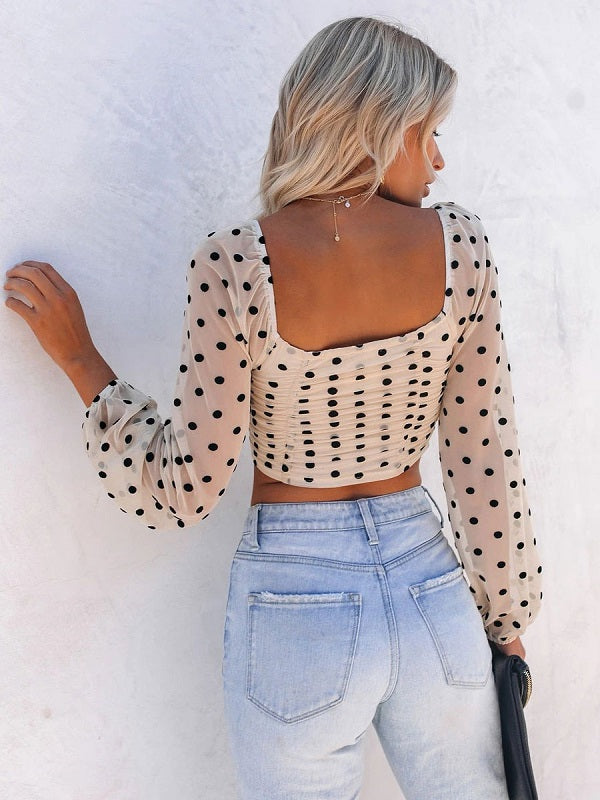 Square Neck Long Sleeves Pleated Polka Dot Top Mssza